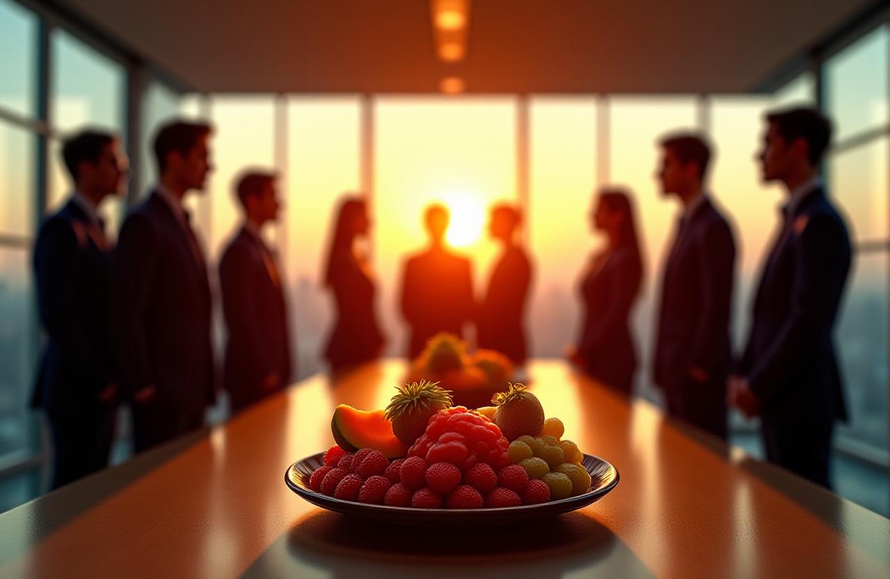 モダンなオフィスでフルーツプラッターを楽しむ社員たち