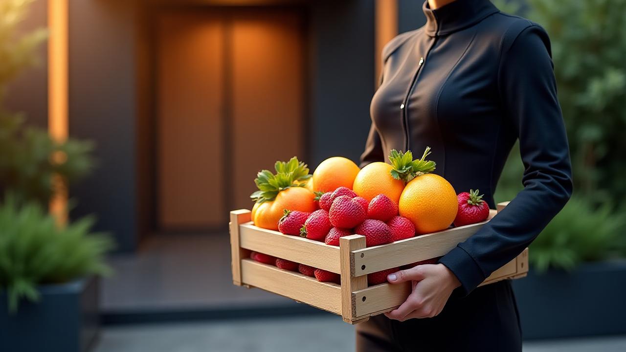 贅沢なフルーツバスケットと配達スタッフのイメージ