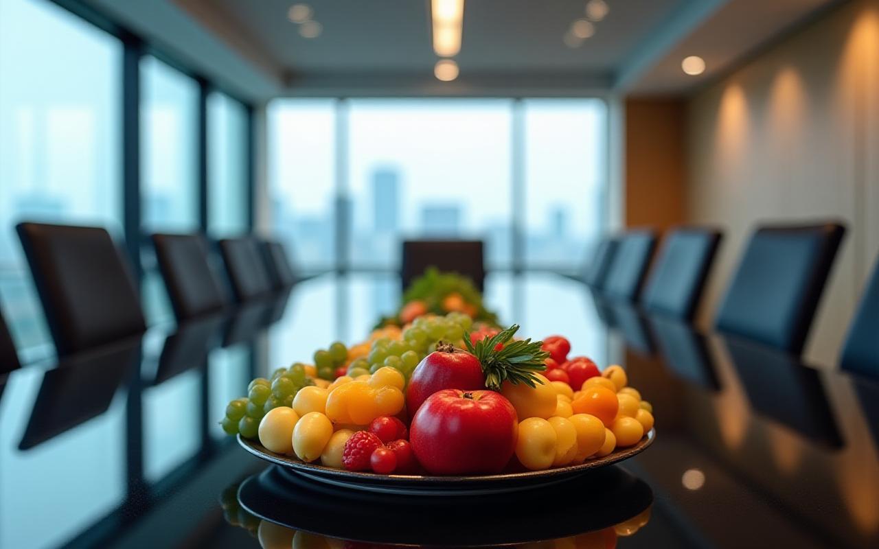 オフィスでのフルーツプラッターの提供風景